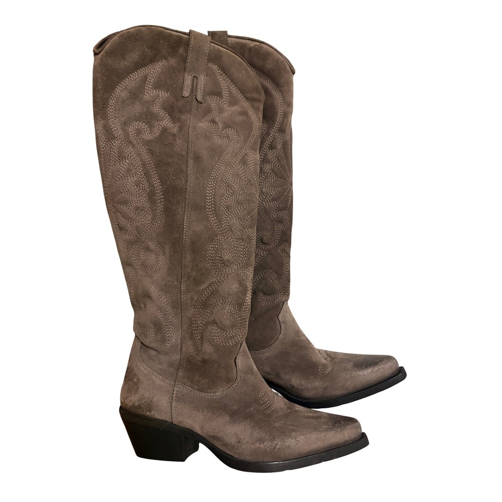 Suede Mid Calf Heeled Western Boots Taupe Suede Sundance Pointed Toe Size 37 Zip